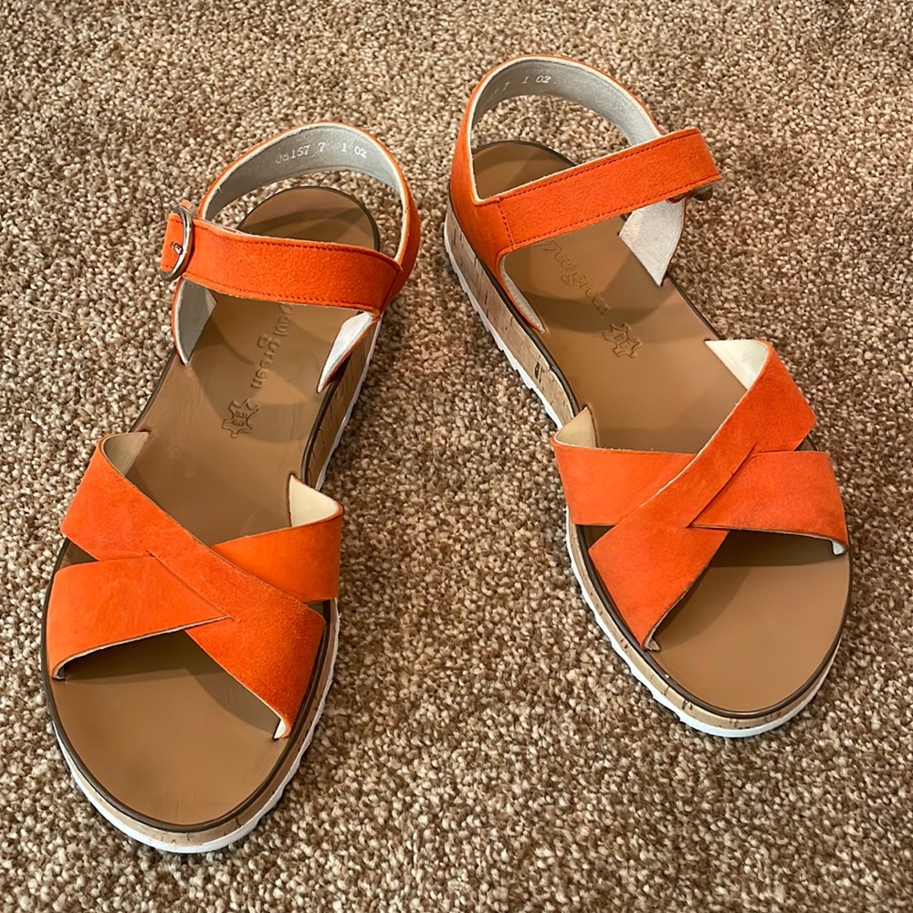 Paul Green sandal Mindy Platform orange suede with gold velcro strap 9…
